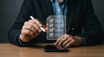 Person using stylus on digital checklist over smartphone on wooden desk in dark suit jacket setting business, data