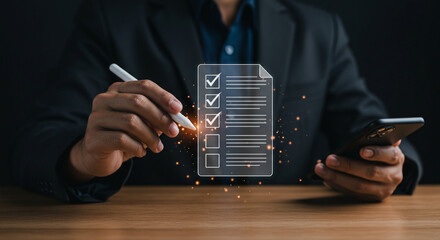 A person in a suit using a stylus on a digital checklist while holding a smartphone in hand business, data