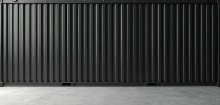 Modern minimalist urban background with black cargo container wall, sleek concrete floor. Clean empty space for product display, presentation, showroom, show. Industrial interior, raw, edgy, grunge.