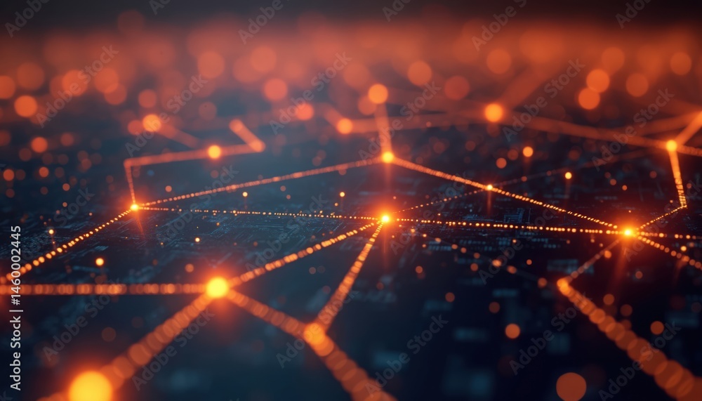 Aufkleber Futuristic network design with glowing connections. Abstract digital tech background features connections points. Glowing lines, dots create visual representation of data flow, information transfer,