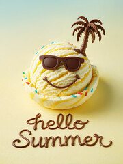 Hello Summer chocolate text and a a scoop of yellow ice cream with a pair of chocolate sunglasses and a cheerful smile.