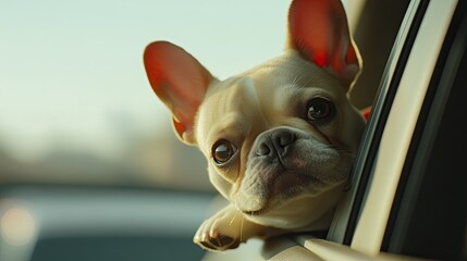 A French bulldog pokes its face out of a car window on a sunny day, enjoying every second. The image captures innocence and freedom.
