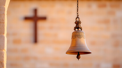Obraz premium Church Bell: A classic, ornate church bell hangs suspended, with a cross in the background, evoking traditional architecture and spiritual heritage.