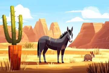 Desert landscape with animals.  A donkey and a rabbit stand in a sun-drenched desert, near cacti