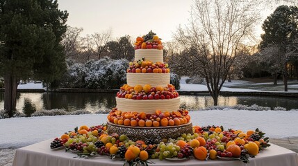 Cake with Fruit in Winter Landscape