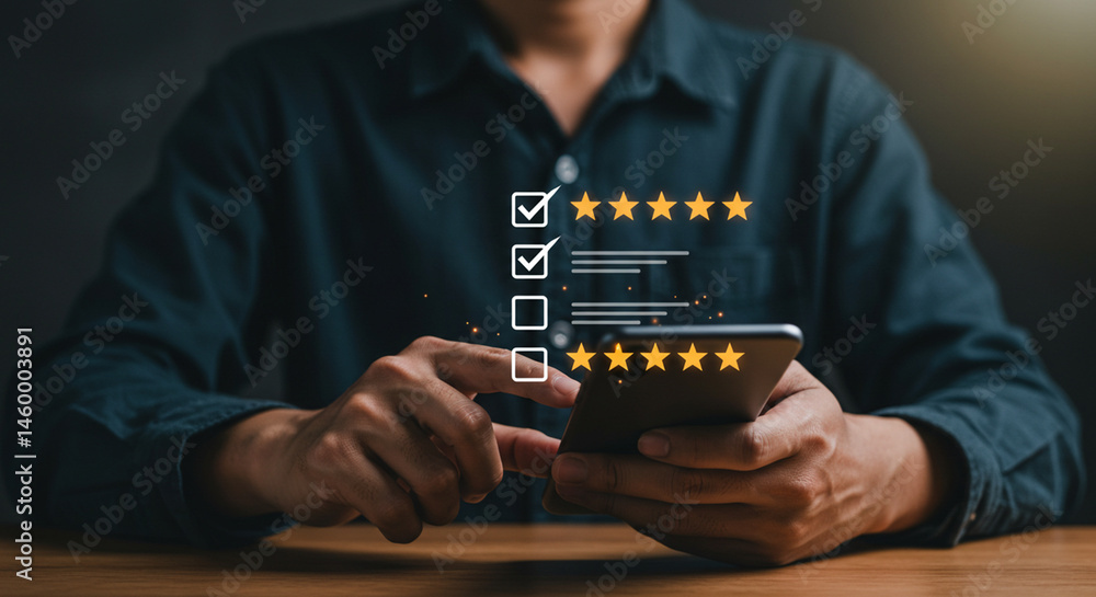 Poster person using smartphone for online survey with checkmarks and star rating interface overlayed busine