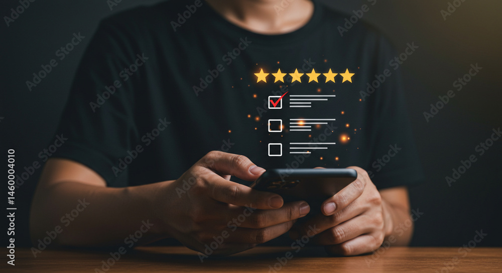 Aufkleber person using smartphone with customer review stars and checklist overlay in a dark setting business,