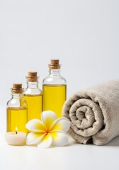 Spa essentials: essential oils, flower, rolled towel and a lit candle for relaxation.