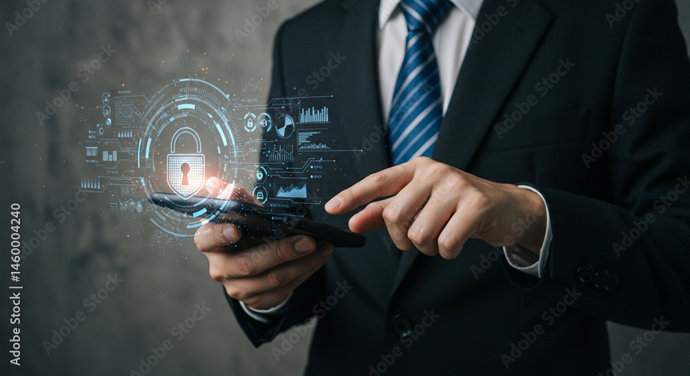 Poster a businessman in a suit using a smartphone with a digital security lock interface overlayed on the s