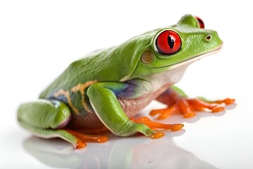 Naklejka premium Vibrant Green Tree Frog with Red Eyes and Orange Webbed Feet on White Background