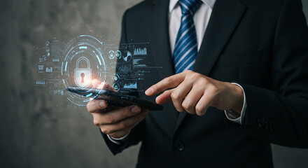 A businessman in a suit using a smartphone with a digital security lock interface overlayed on the screen business, data