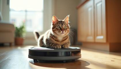 Adorable cat rides Roomba exploring home. Funny pet enjoys interactive play, creating comic relief. Domestic animal uses smart tech for playful adventure, joyful moment. Kitten relaxing, fun on