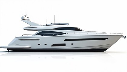 Naklejka premium Motor yacht isolated white background. Luxury boat sea travel. Modern expensive vessel, summer vacation. Aerial view of marine transport. Coastal holiday concept.