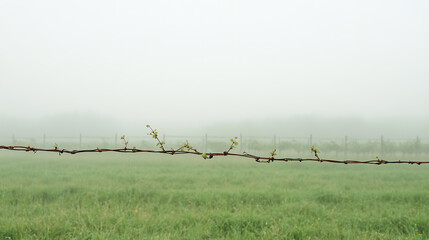 Obraz premium Barbed wire fence in a field, shrouded in morning mist. Green sprouts emerge. Serene scene evokes quiet, peaceful rural life. A hint of new beginnings.