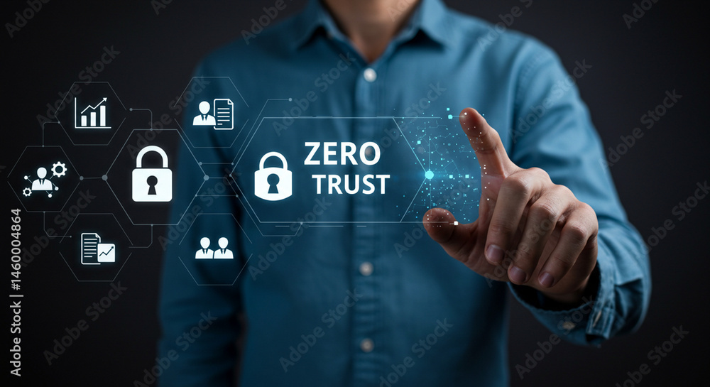 Poster person touching zero trust interface with lock icons and data charts on a dark background business, 