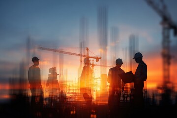 Fototapeta premium Construction workers silhouetted against a vibrant sunset.