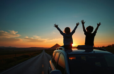 Fototapeta premium Silhouette of children sitting on car roof, arms raised. Country road, Pyramid Hill on background at sunset. Freedom, joy, adventure during family road trip. Summer vacation, travel, holiday concept.