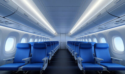 Fototapeta premium airplane interior with blue seats and white wall