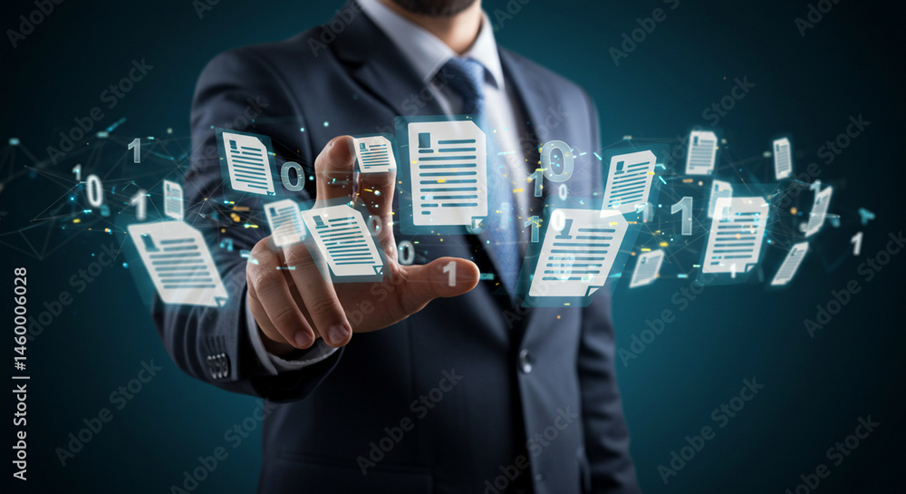 Poster businessman interacting with digital documents and binary code on a dark blue background business, d