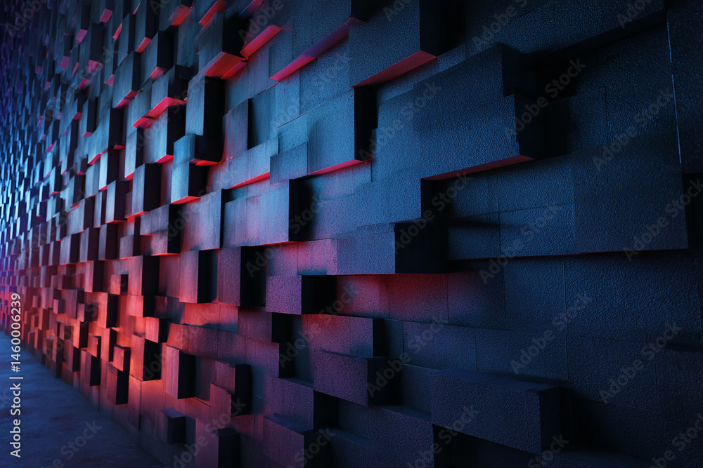 Poster Abstract textured wall with blue and red lighting, showcasing a three-dimensional cubic pattern, ideal for background or design concepts