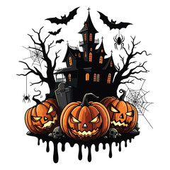Dark Halloween Silhouette Design with Haunted House and Spiders