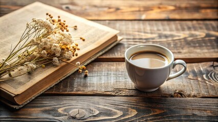 Fototapeta premium A Cup of Coffee and a Book on a Rustic Wooden Table with Dried Flowers