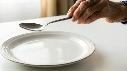 An elderly hand holding a spoon over an empty plate, symbolizing hunger and poverty.

