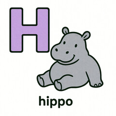 Fototapeta premium Alphabet Flashcard Letter H with Cute Gray Hippo Lounging Next to Lavender H – Educational Poster for Preschool and Toddler Learning
