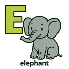 Obraz premium Alphabet Flashcard Letter E with Friendly Gray Elephant for Preschool and Toddler Learning