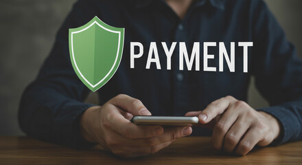 A person holding a smartphone with payment text and a shield icon overlayed on the image concept business, data