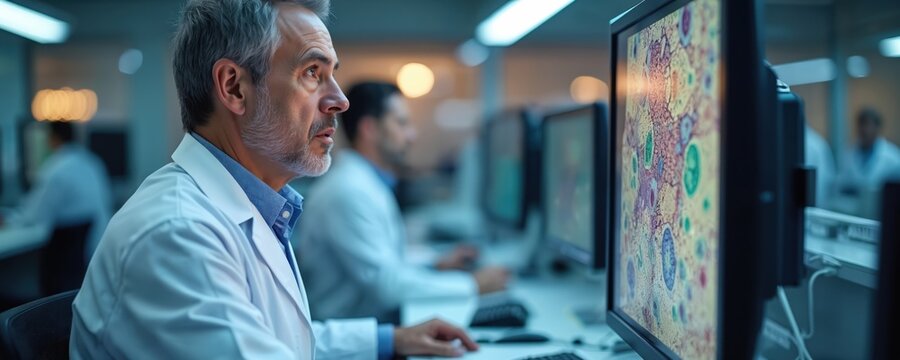 Digital pathology expert analyzes AI-enhanced slide scans high definition monitor. Senior scientist wearing white coat examines medical images. Healthcare, medical research, cancer treatment, lab