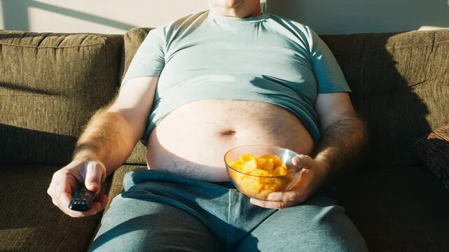 A man lounges on a sofa, holding a remote control and a bowl of snacks, wearing a t-shirt and sweatpants.

