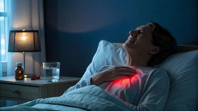 A woman lies in bed at night, holding her chest in discomfort, illuminated by a red glow, possibly indicating heart pain or distress.

