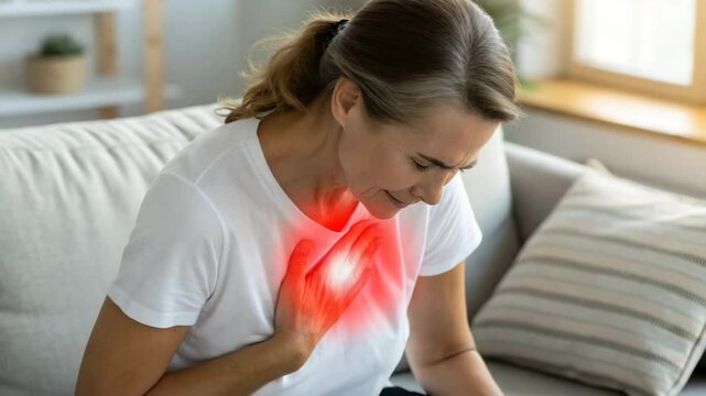 A woman sitting on a couch, holding her chest and appearing to feel discomfort or pain, possibly due to a health issue.

