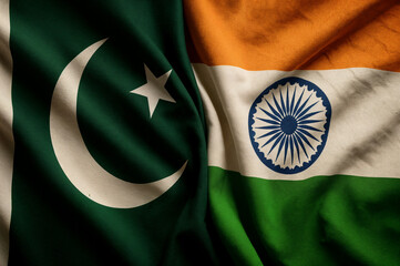 Close-up of crumpled Indian and Pakistani flags side-by-side, representing strained relations, geopolitical conflict, and national tension between the two Asian nations. India and Pakistan at war