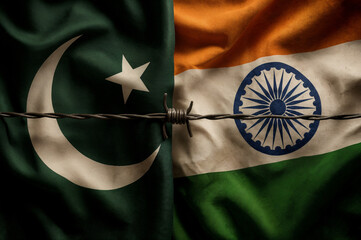 Flags of Pakistan and India separated by sharp barbed wire, a potent symbol of militarized borders, ongoing geopolitical conflict, and deep-rooted division between the nations. Indo-Pakistani war