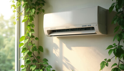Air conditioner hanging on wall, with lush green leaves creating natural freshness. Home appliance cools room, improves comfort. Interior design, climate control, summer, heatwave concept.
