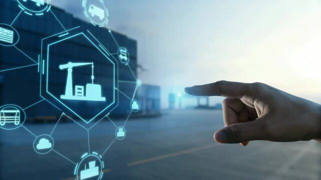 A hand interacts with a digital interface featuring logistics and construction icons, symbolizing smart technology in industrial operations.


