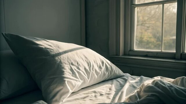 A cozy, sunlit bed with rumpled sheets and a pillow near a window, creating a peaceful and inviting atmosphere.

