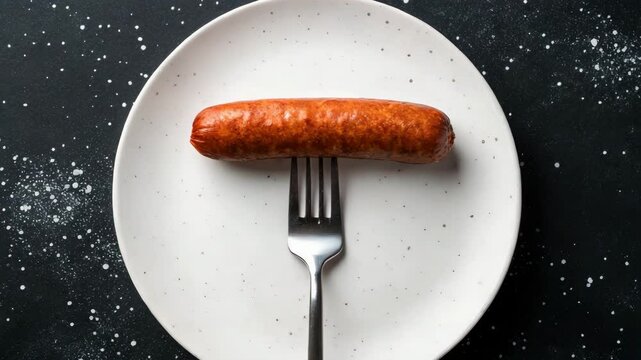A single sausage on a white plate with a fork, set against a dark, speckled background.

