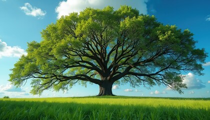 Fototapeta premium Majestic, large tree with sprawling branches in a lush green meadow under a vibrant blue sky on sunny day. Scenic rural landscape. Symbol of nature serenity, growth. Tranquil outdoor scene.