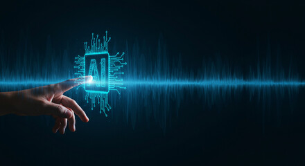 Hand touching glowing ai chip interface on a dark blue background with light wave effect business, data
