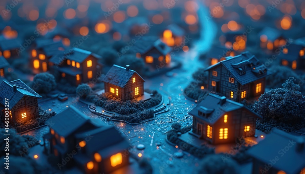 Poster Computer generated image of neighborhood with houses lit in orange. Houses arranged in grid pattern, close together others far apart. Smart home concept. Modern technology, smart automation,
