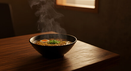 Steaming Bowl of Ramen Noodles on Wooden Table
