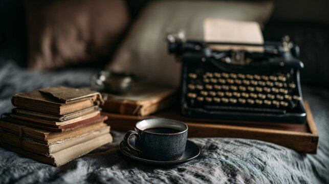 Dark academia themed breakfast in bed, old books, typewriter, black coffee, moody light, classical aura