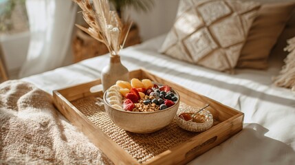Healthy breakfast in bed, smoothie bowl with colorful fruits, bamboo tray, natural lighting, minimal boho room decor