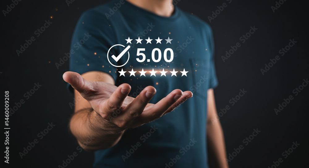 Aufkleber man presenting five star rating with checkmark on open palm against a dark background image business