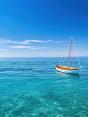 Small sailboat floating in the middle of the ocean. the boat is white with a red stripe on the side and two white sails.