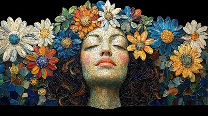 Serene mosaic portrait of a woman adorned with vibrant flowers, eyes closed in peaceful repose