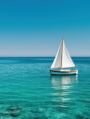 Fototapeta premium Small sailboat sailing in the ocean. the boat is white with a red stripe on the side and a white sail that is billowing in the wind.